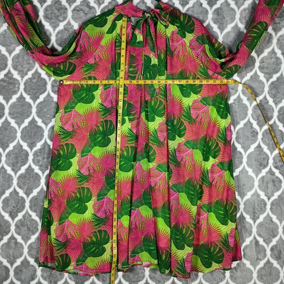 Palms Away Dress Womens Large Pink Green Tropical Palm Long Sleeve Resort - Picture 6 of 10